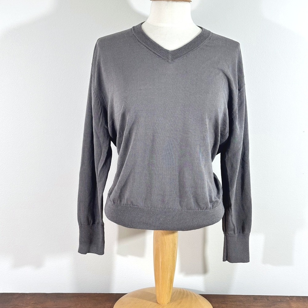 Muji‎ Hemp Blend Sweater Women's Medium V-Neck Grey Lightweight Knit Pullover